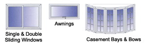 single sliding windows, double sliding windows, awning style windows, casement bay windows, bow windows